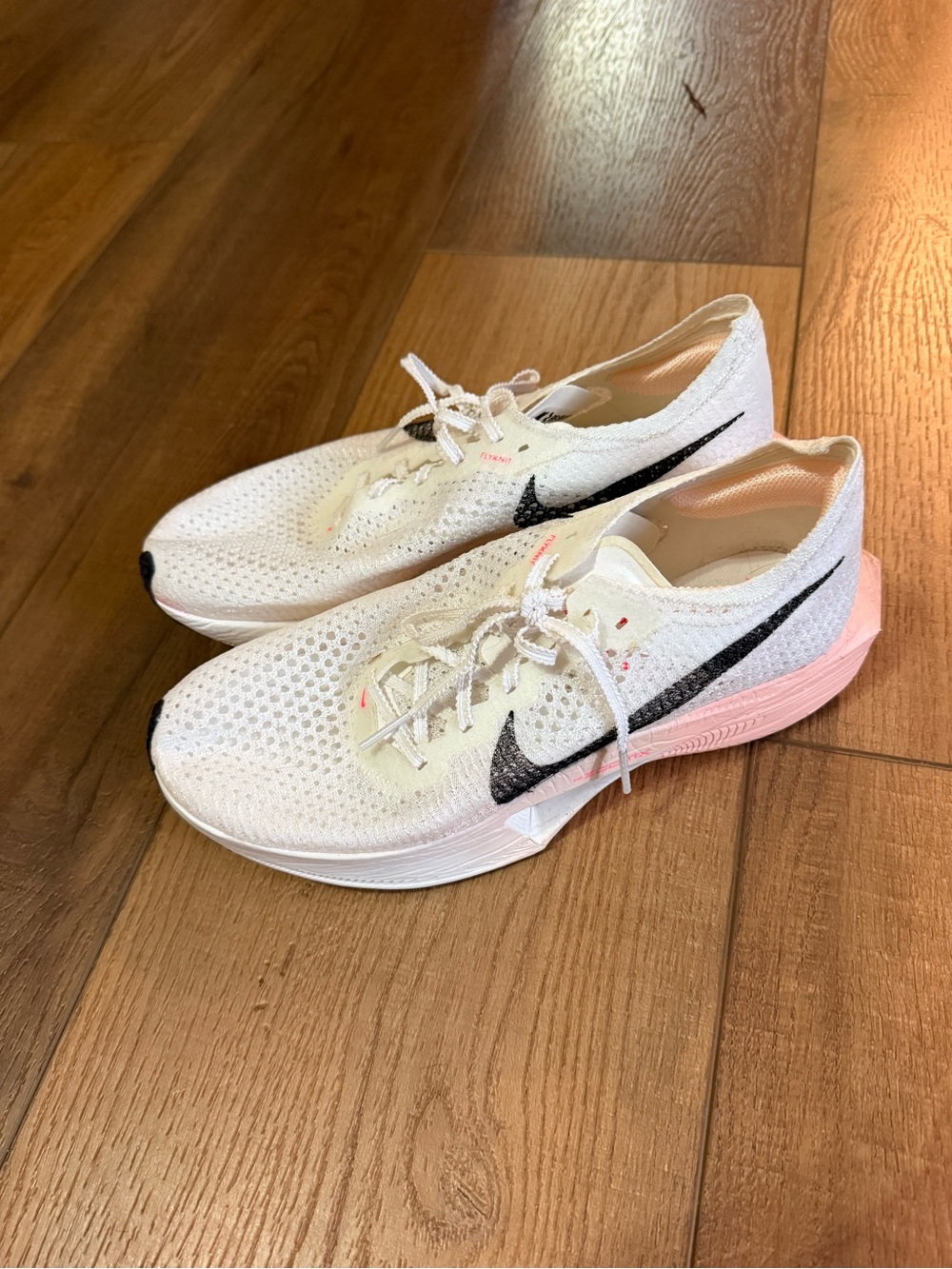 Nike Women’s Vapor Fly White and Pink Flyknit Running Shoes with Black Swoosh